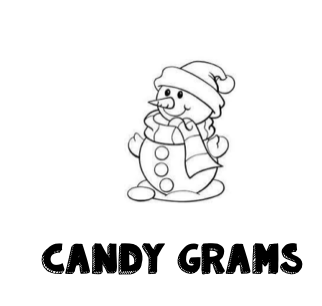 Snowman standing over words CANDY GRAMS