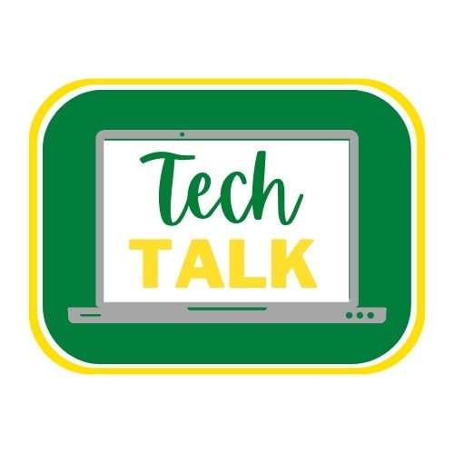 rectangle with computer that says tech talk