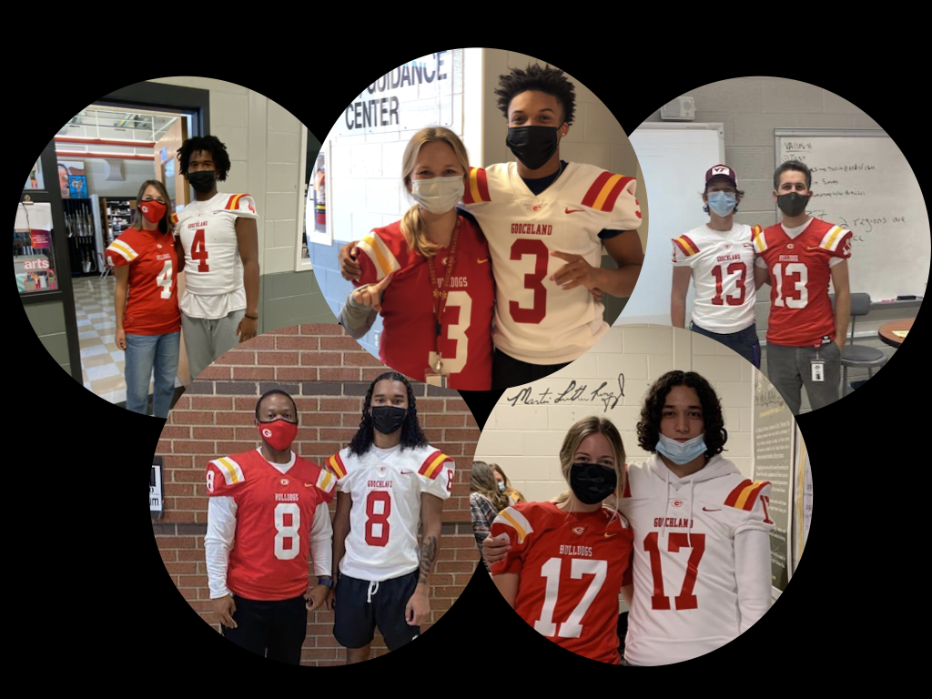 Football players and teachers wearing jerseys