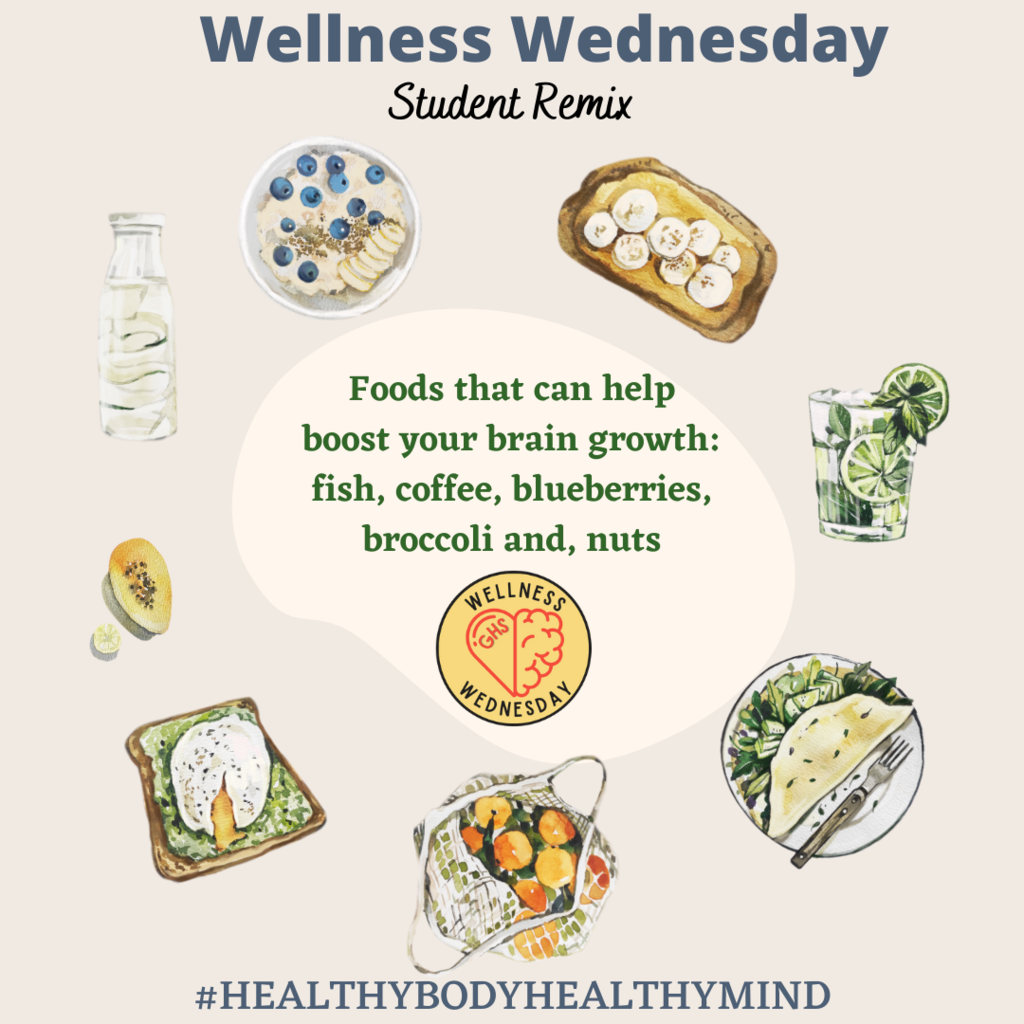 Wellness Wednesday Student Remix. Foods that can help boost your brain growth: fish, coffee, blueberries, broccoli, and nuts. 